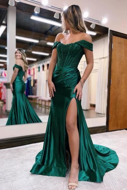 Bmbridal Black Off-The-Shoulder Split Front A-line Prom Dresses with Ruffles