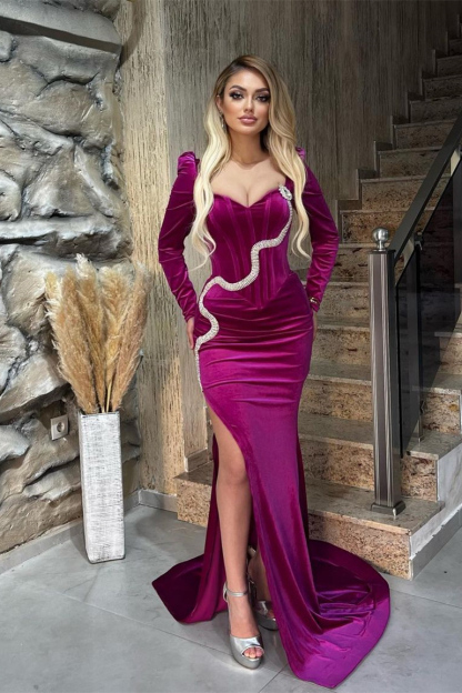 Classy Mermaid Halter Long Sleeve Rhinestone Satin Prom Dress With Splites