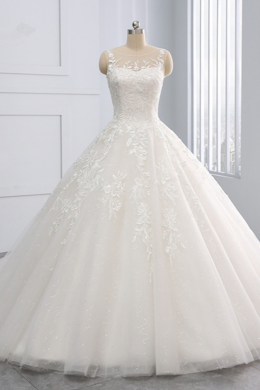 BMbridal Affordable Ball Gown Jewel Tulle Lace Wedding Dress Ruffles Sleeveless Appliques Bridal Gowns Online-BMbridal