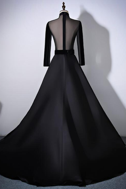 BMbridal Chic V-Neck Ruffles Black A-Line Prom Dresses Long Sleeves Evening Dresses with Sash