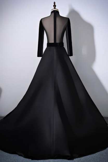 BMbridal Chic V-Neck Ruffles Black A-Line Prom Dresses Long Sleeves Evening Dresses with Sash