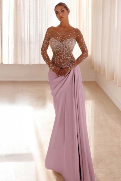 Jewel Neck Long Sleeves Long Mermaid Prom Dress With Pleated