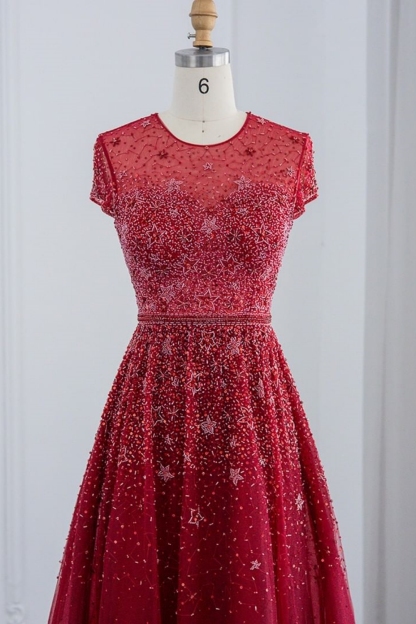 Bmbridal Red A-Line Short Sleeves Floor-Length Prom Dresses with Beadings