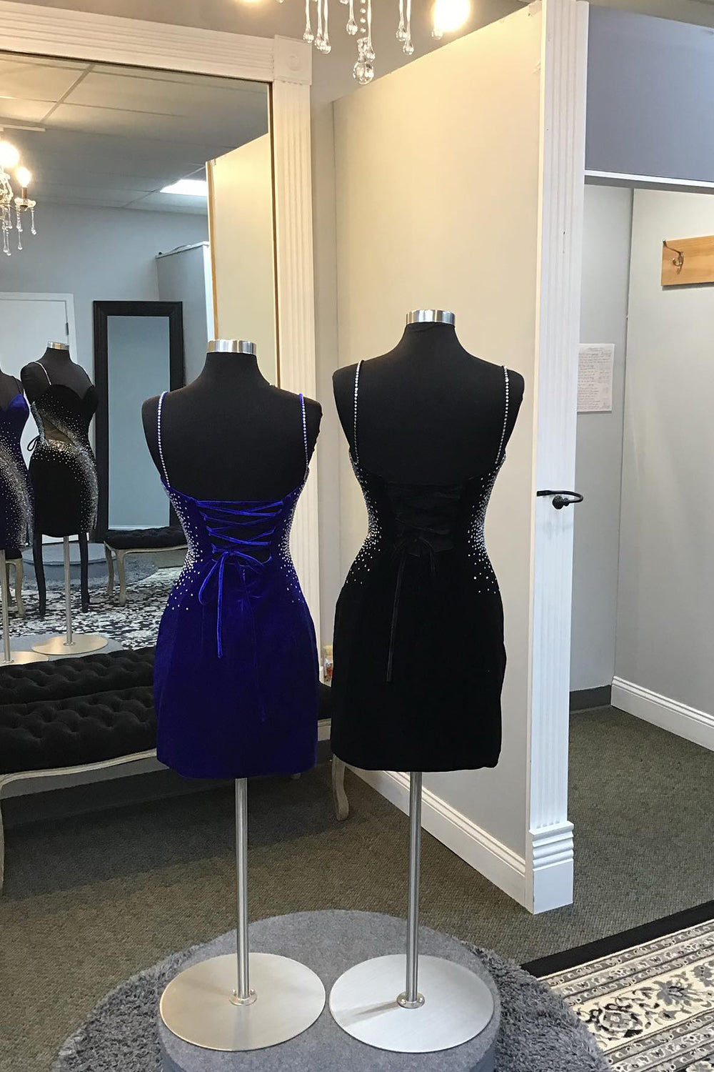 Glitter Royal Blue Velvet Tight Short Homecoming Dress with Slit-BMbridal