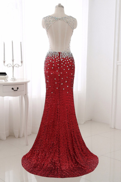 BMbridal Sparkly Sequined V-Neck Burgundy Mermaid Prom Dresses with Rhinestone Top