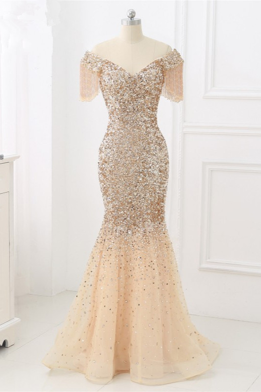 BMbridal Luxury Off-the-Shoulder Sequins Burgundy Mermaid Prom Dresses with Tassels