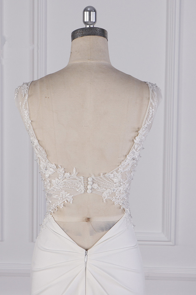 BMbridal Glamorous Mermaid Satin Sleeveless Wedding Dress White Lace Appliques Bridal Gowns with Beadings On sale-BMbridal