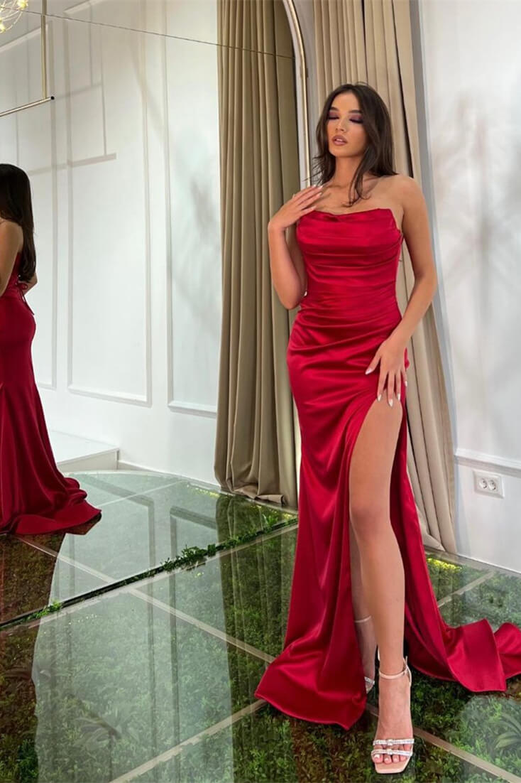 Beautiful Mermaid Strapless Sleeveless Satin Split With Train Red Prom Dresses