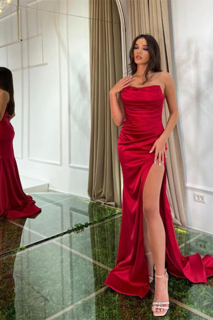 Beautiful Mermaid Strapless Sleeveless Satin Split With Train Red Prom Dresses