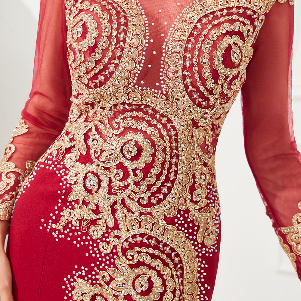 BMbridal Burgundy Long Sleeve Mermaid Prom Dress With Gold Appliques Online