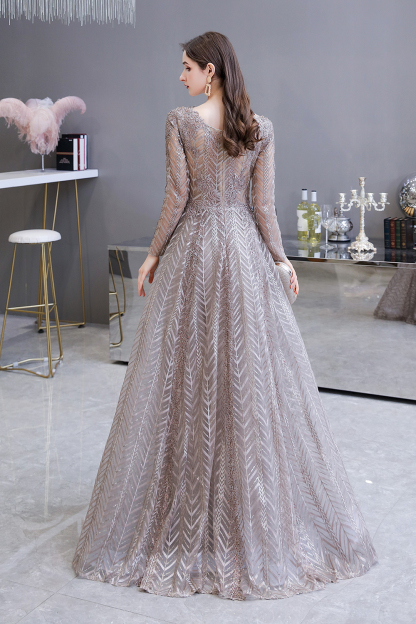 BMbridal Sexy V-Neck Long Sleeve Prom Dress Appliques A-Line Evening Gowns