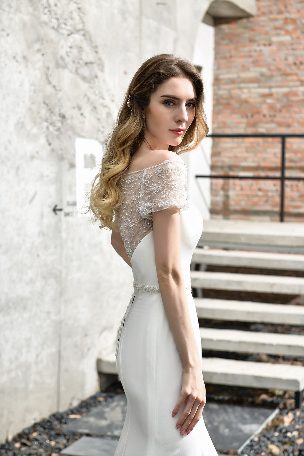 BMbridal Mermaid Satin Lace Off the Shoulder Affordable Ivory Wedding Dress