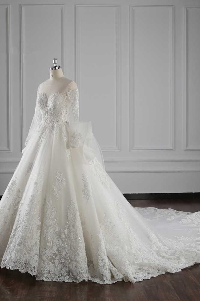 BMbridal Gorgeous Jewel Lace Tulle Wedding Dress Long Sleeves Beadings Bridal Gowns On Sale-BMbridal