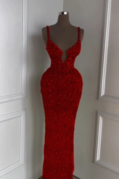 Spaghetti Strap Sleeveless Long Mermaid Prom Dress With Beading