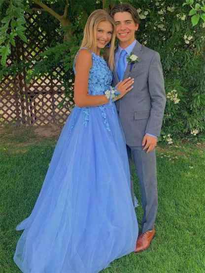 Blue A Line One Shoulder Tulle Long Prom Dress with Appliques
