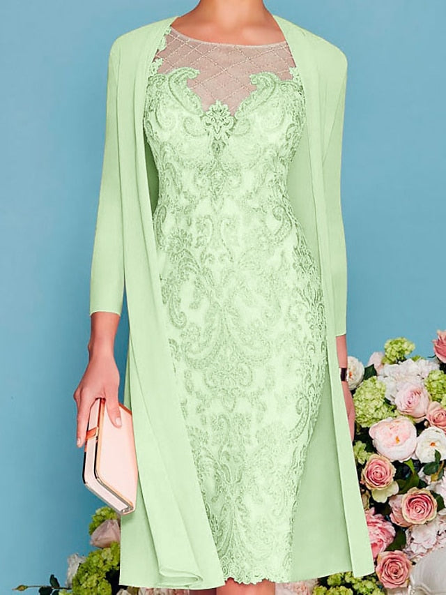 Long-Sleeve Knee-Length Sheath/Column Mother of the Bride Dress with Lace Beading Appliques-BMbridal