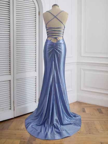 Blue Mermaid Spaghetti Straps V-Neck Rhinestone Prom Dress