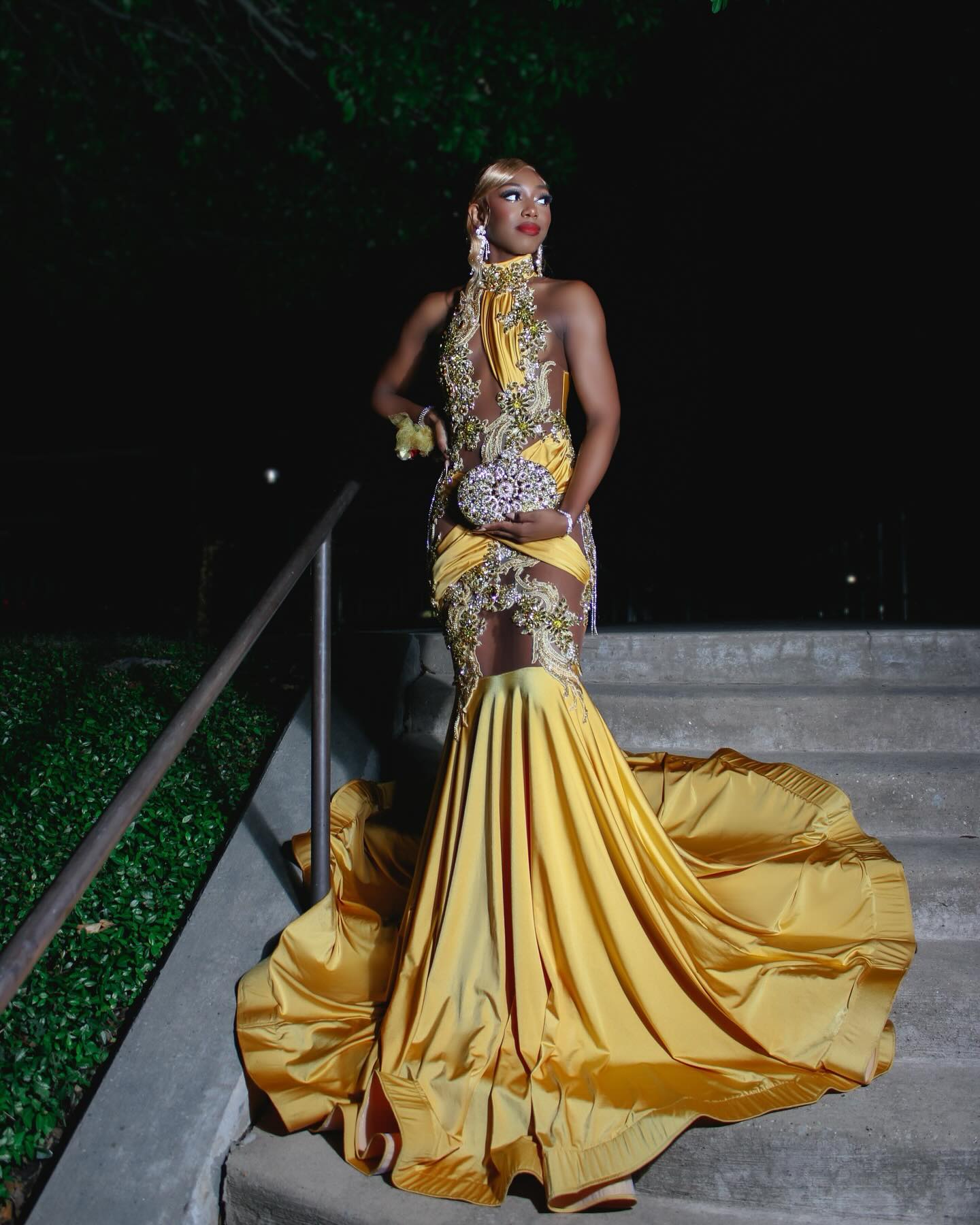 Regal Golden Yellow Mermaid Prom Dress with 3D Embroidery & Illusion Cut-outs – Asymmetrical One-Shoulder Back | Custom Made High-End Evening Gown