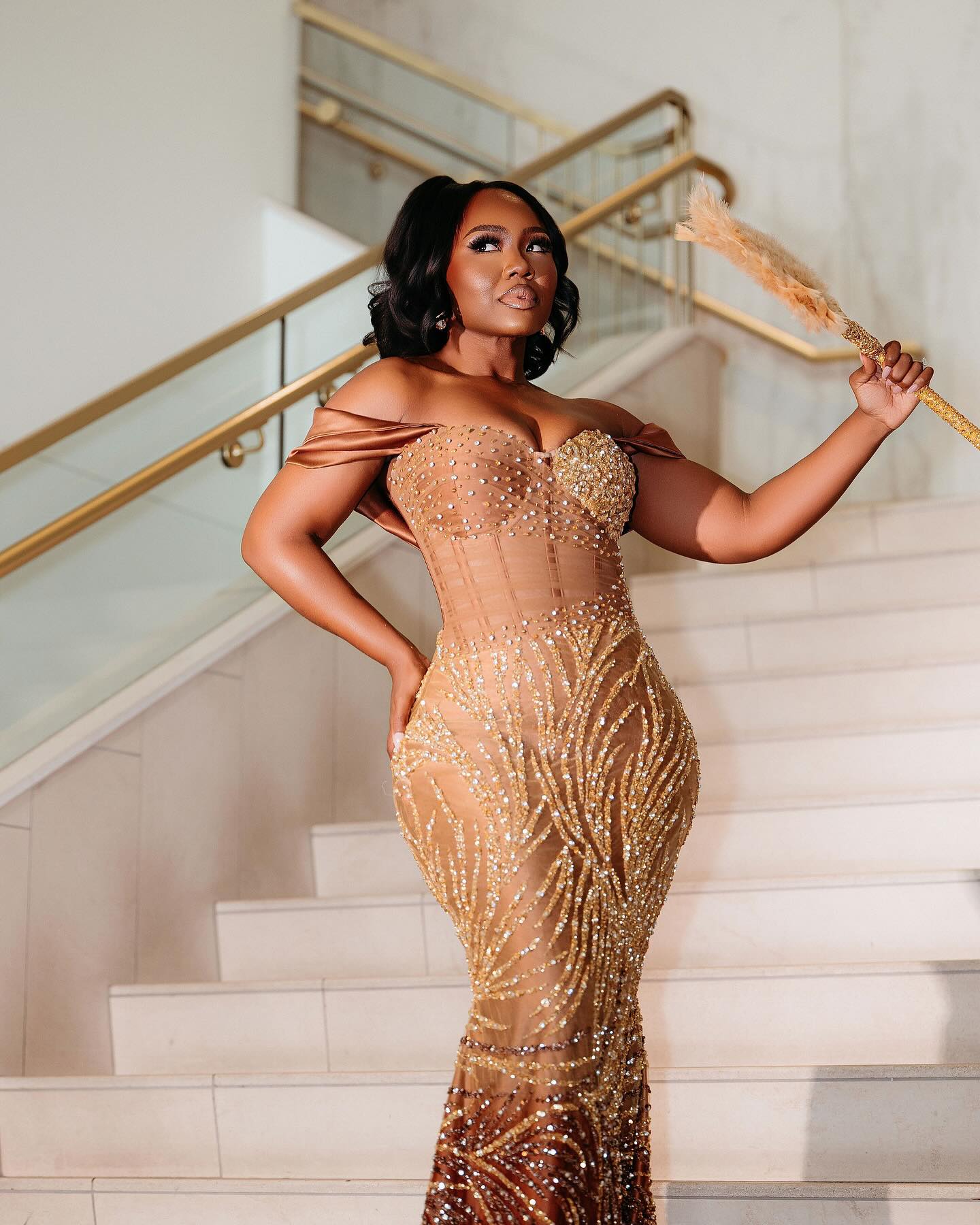 Golden Sunset - Ombre Beaded Mermaid Prom Dress with Feather Trim