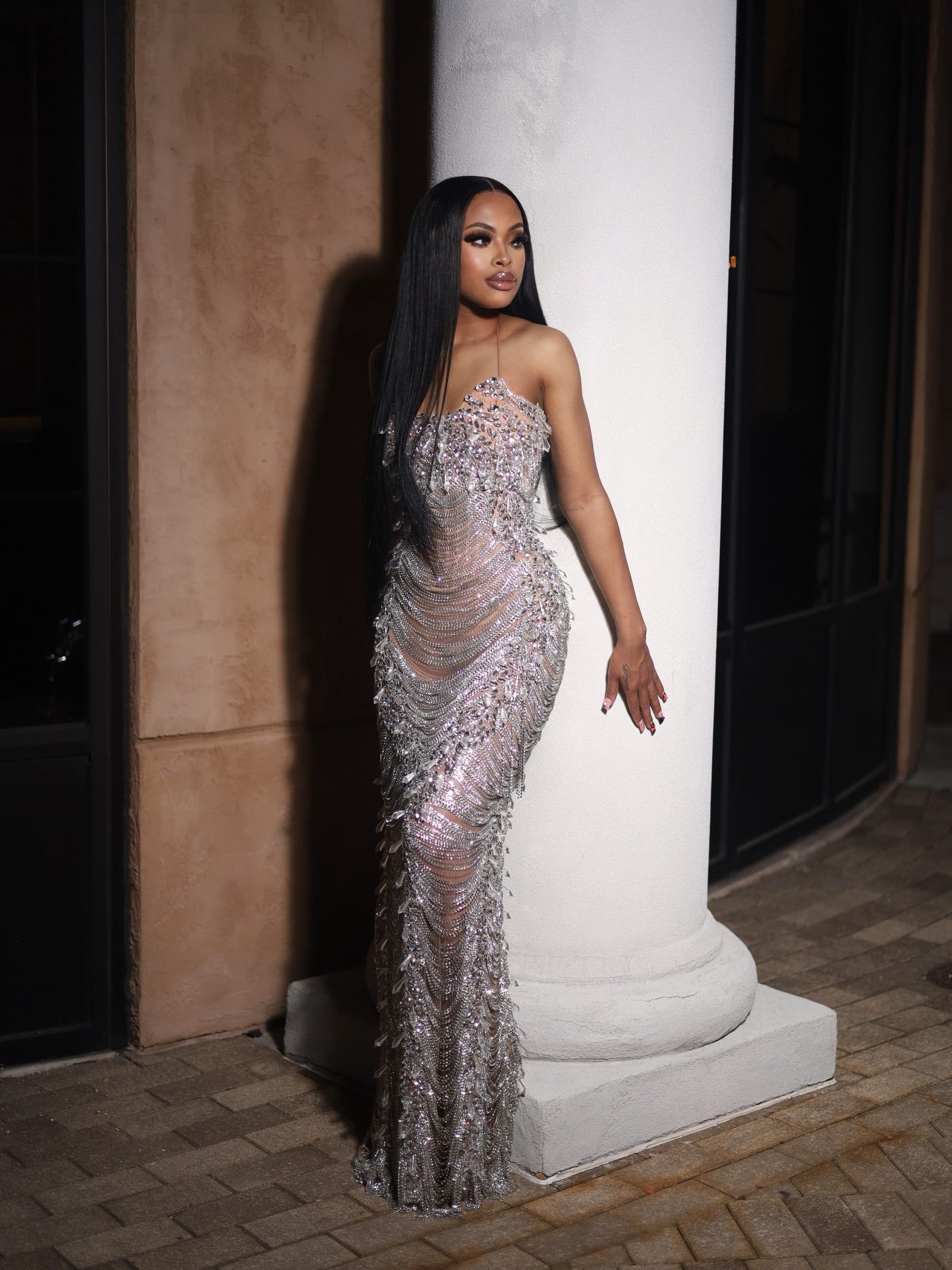 The Diamond Empress - 2026 Luxury Silver Crystal Fringe Illusion Mermaid Gown: Strapless Sweetheart with Crystal Chain Draping, Sheer Bodice & Sweep Train