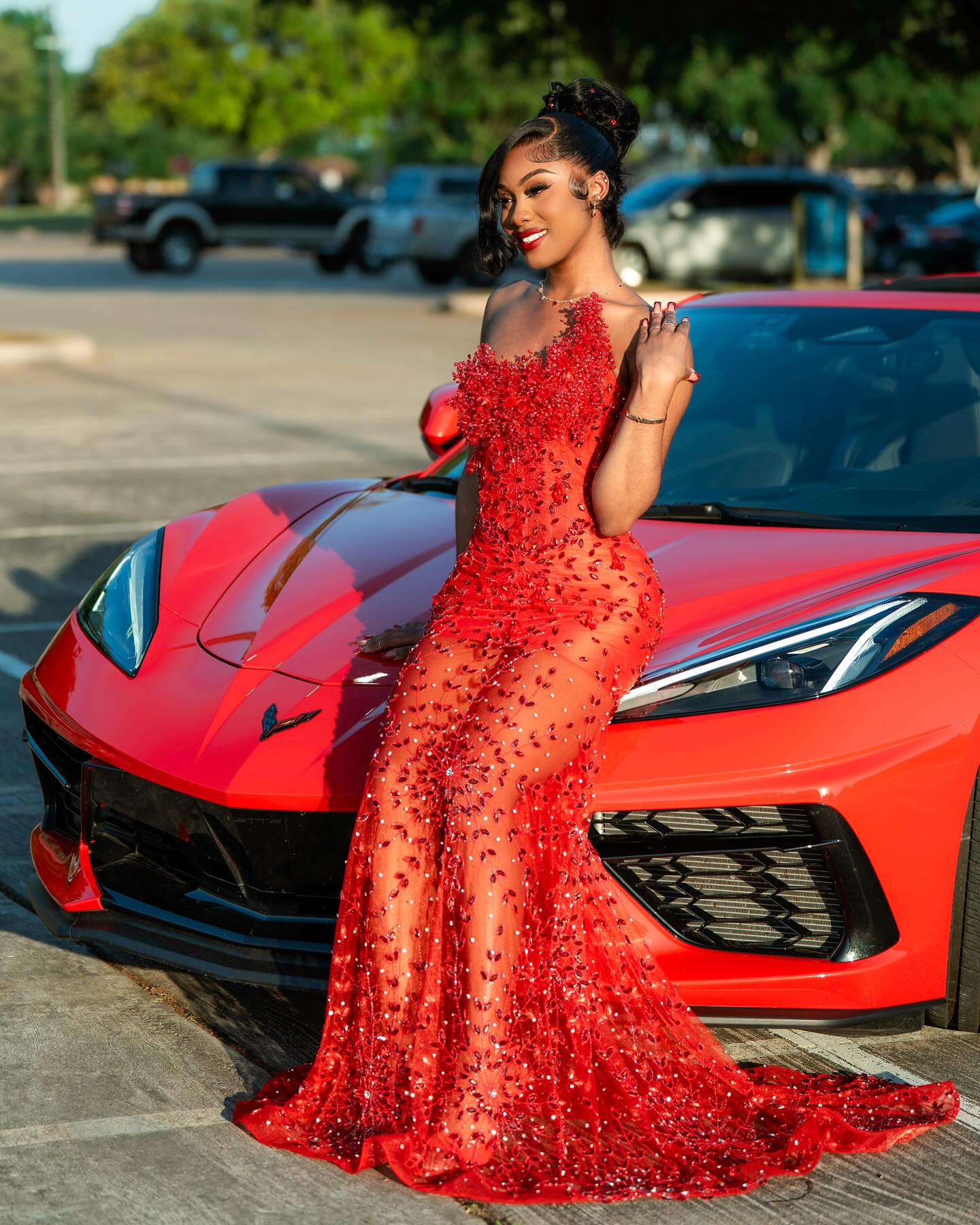 Red Hot - Sheer Illusion Beaded Mermaid Prom Dress with 3D Florals