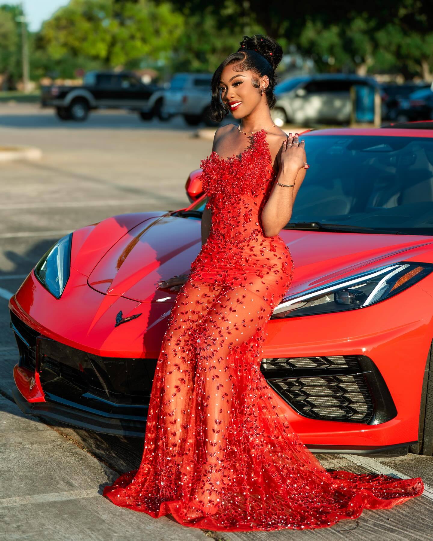 Red Hot - Sheer Illusion Beaded Mermaid Prom Dress with 3D Florals