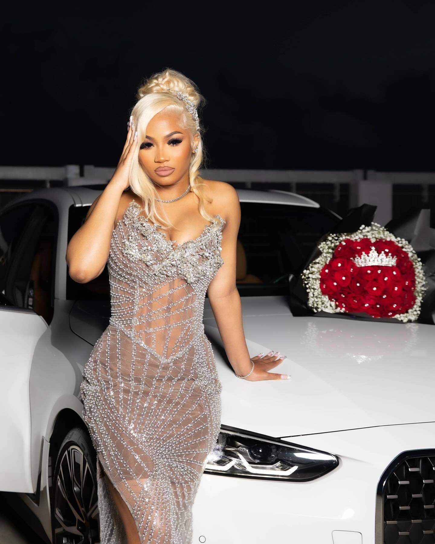 Silver Goddess - Sheer Crystal Beaded Prom Dress with High Slit