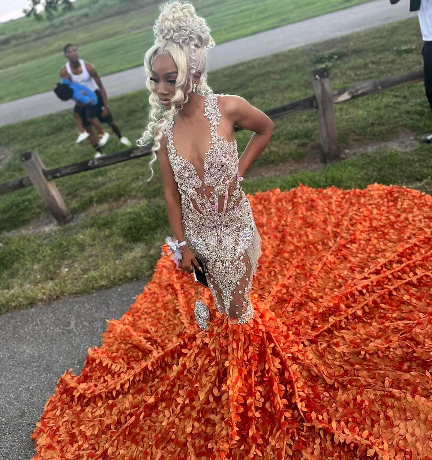 Orange Flame - Crystal Beaded Prom Dress with Massive 3D Petal Train