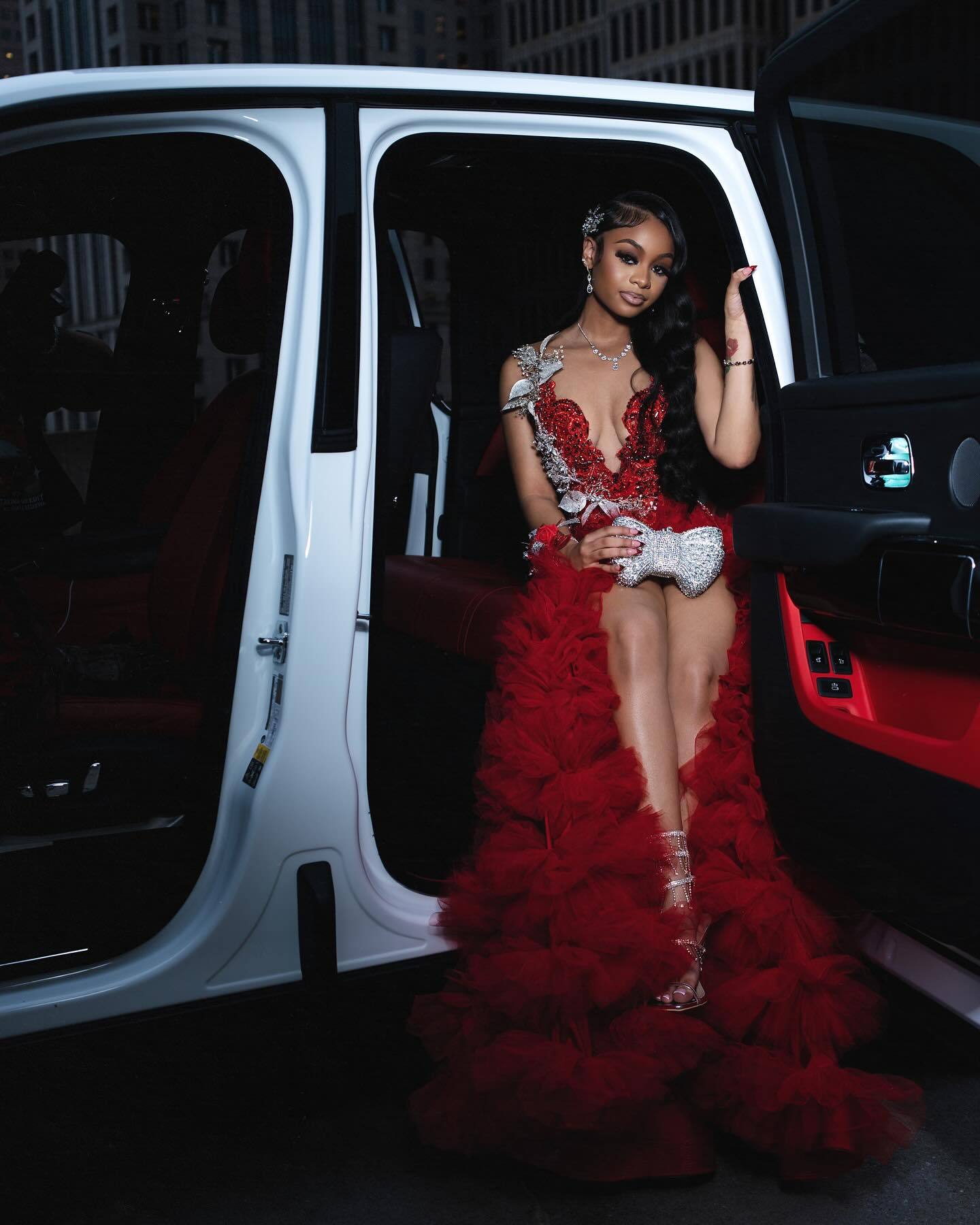 Scarlet Empress Red Sequin Gown – 3D Silver Lace & Tiered Ruffle Train