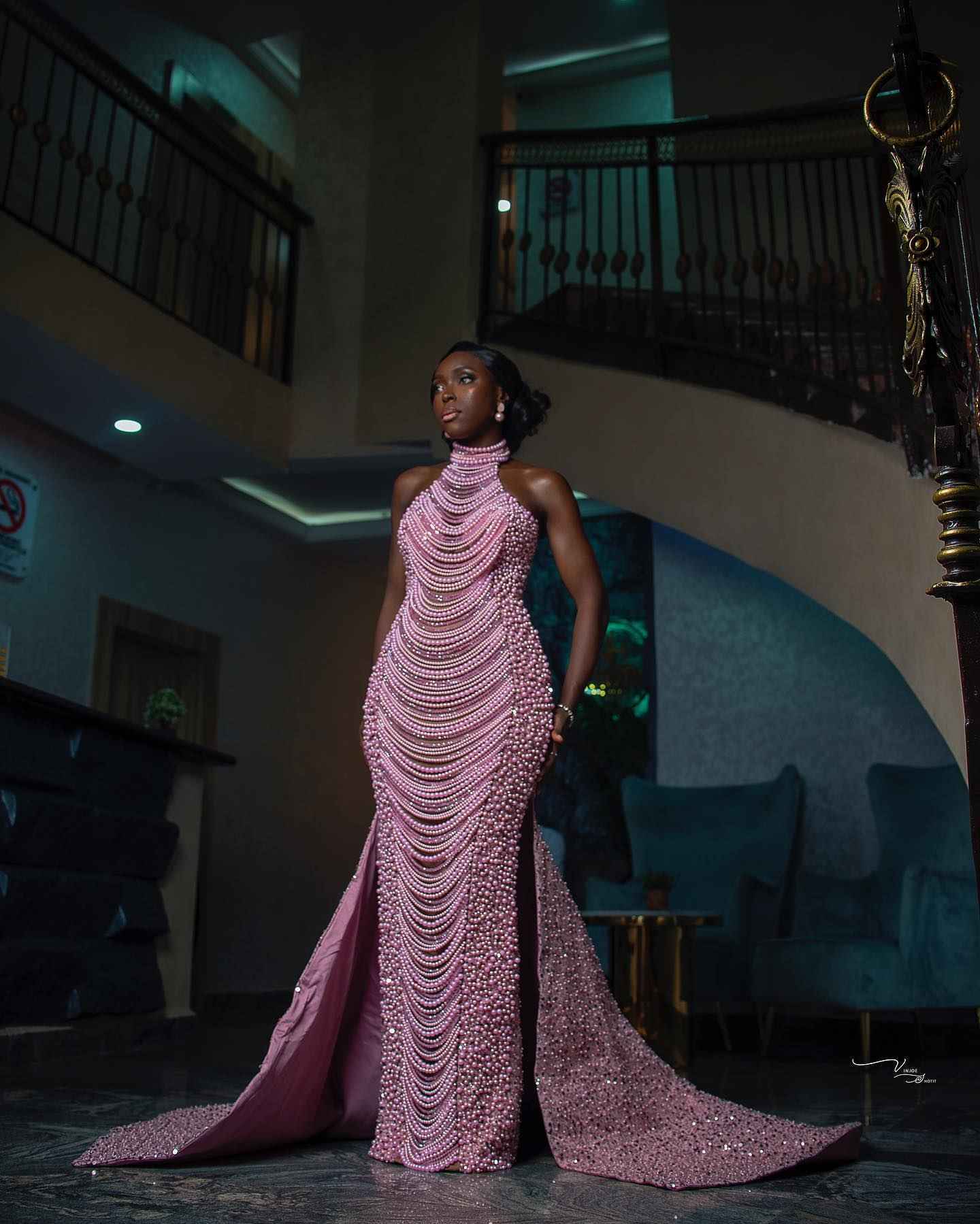 The Pink Pearl - 2026 Pearl Beaded Mermaid Gown: High Halter Neckline with Cascading Pearl Fringe Draping & Asymmetric Beadwork