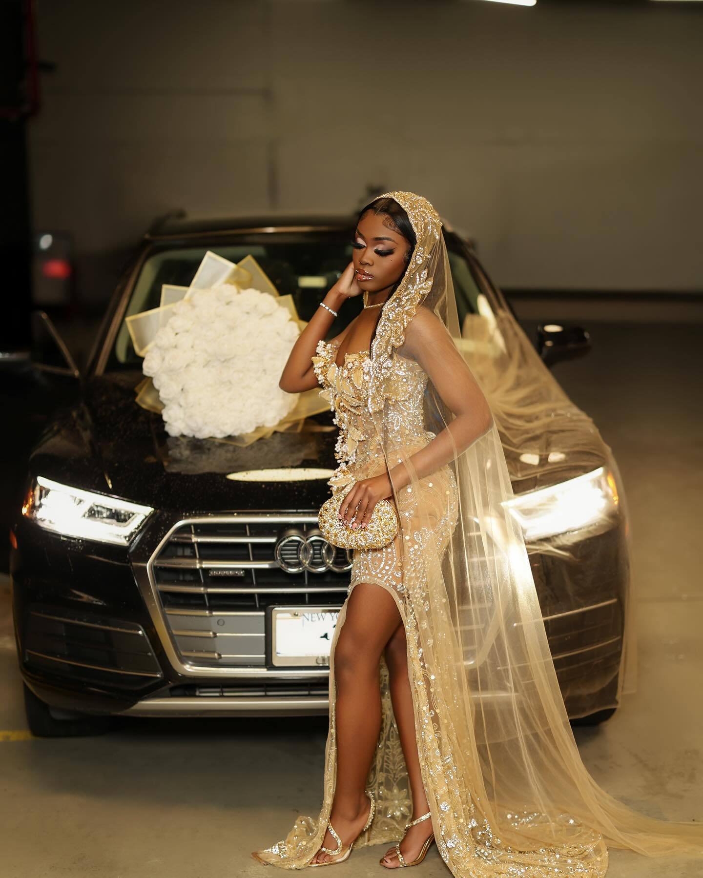 Luxury Champagne Gold Hooded Prom Dress – 3D Floral Appliqué Mermaid Gown with Cathedral Veil & High Slit | 2026 Couture Gala Collection