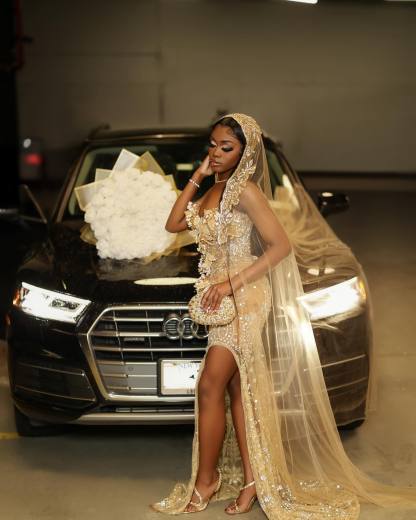 Luxury Champagne Gold Hooded Prom Dress – 3D Floral Appliqué Mermaid Gown with Cathedral Veil & High Slit | 2026 Couture Gala Collection