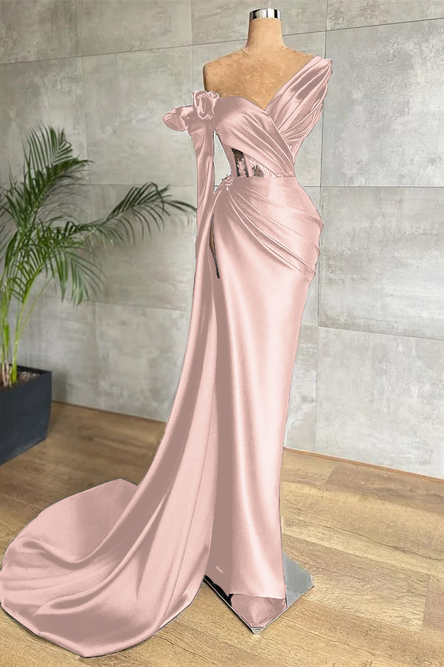 Black One Shoulder Long Sleeve Lace Pleated Long Prom Dress With Side Split