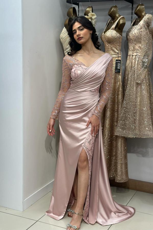 Bmbridal Pink Long Sleevs V-Neck Prom Dress Mermaid Split With Sequins