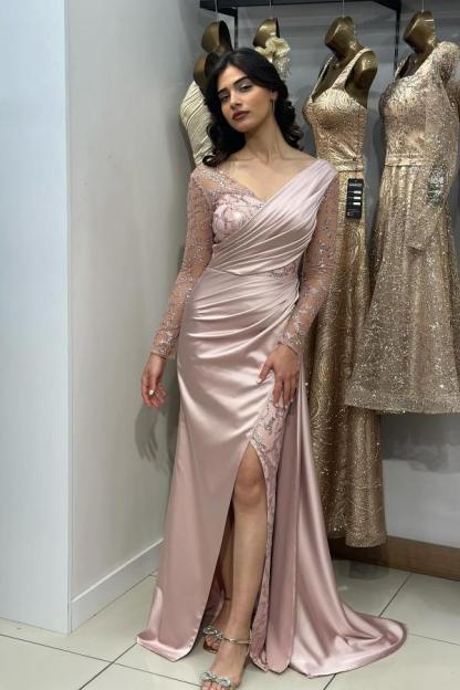 Bmbridal Pink Long Sleevs V-Neck Prom Dress Mermaid Split With Sequins