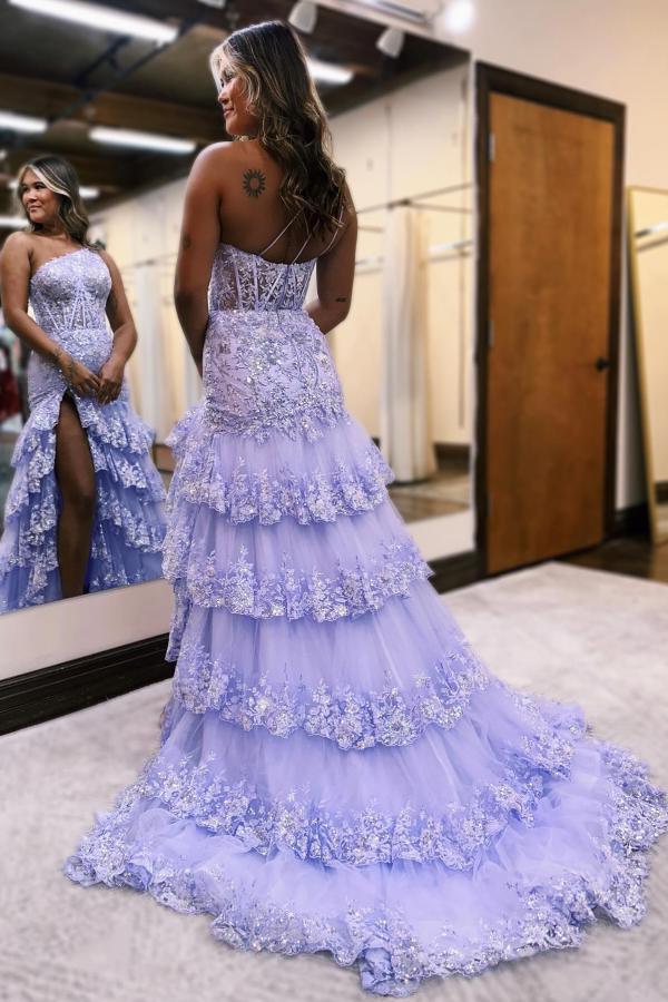 Elegant Floor-Length Mermaid One-Shoulder Sleeveless Split Front Lace Tulle Wedding Dresses with Appliques-BMbridal