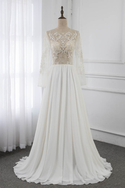 BMbridal Affordable Jewel Chiffon Ruffles Wedding Dresses Lace Top Long Sleeves Bridal Gowns Online