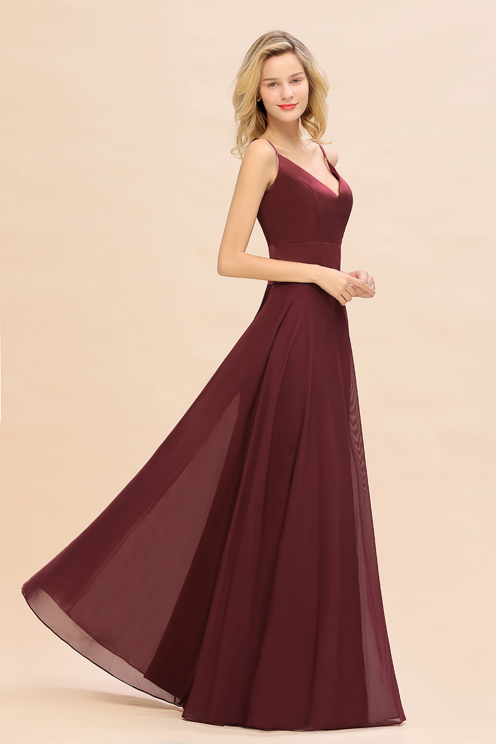 BMbridal Simple Satin Chiffon Spaghetti-Straps Burgundy Long Bridesmaid Dress-BMbridal