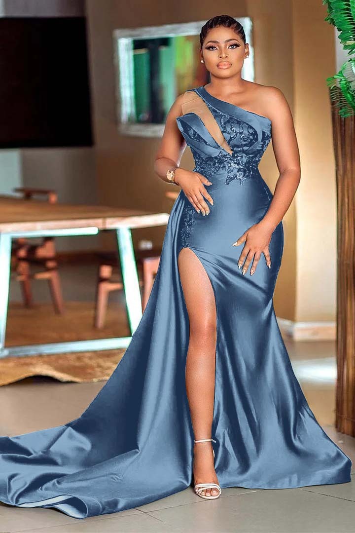 Dark Green One Shoulder Sleeveless Mermaid Split Prom Dress With Sequins