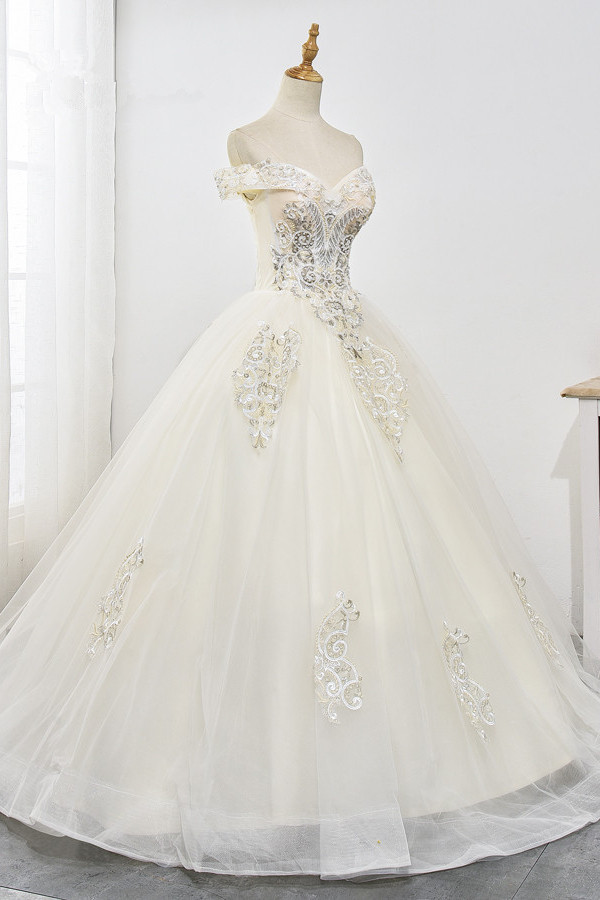 BMbridal Gorgeous Off-the-Shoulder Champagne Tulle Wedding Dress Ball Gown Lace Appliques Sleeveless Bridal Gowns Online-BMbridal