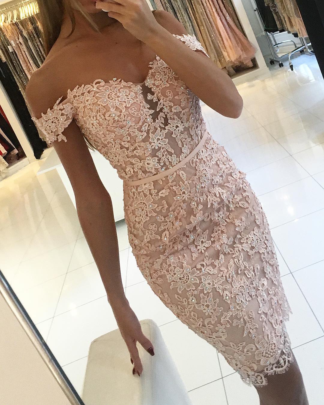 Bmbridal Off-the-Shoulder Sheath Prom Dress Knee-Length With Appliques