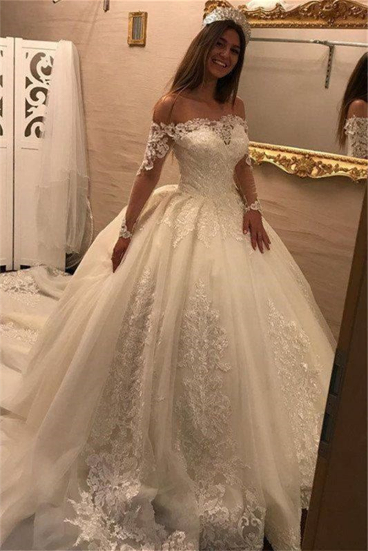 Long Sleeves Off-the-Shoulder Ball Gown Wedding Dress with Lace Appliques