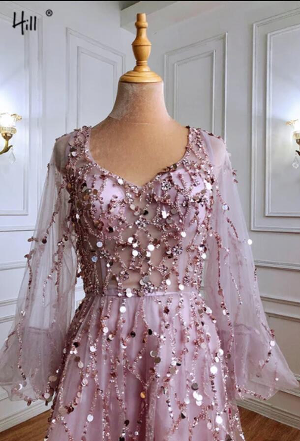 Bmbridal Gold Long Sleeves Prom Dress V-Neck With Sequins Appliques