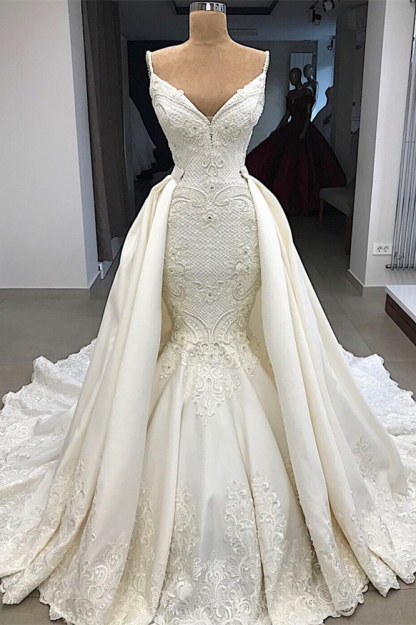 Detachable Skirt Mermaid Spaghetti-Strap Wedding Dress Applique with Ruffles