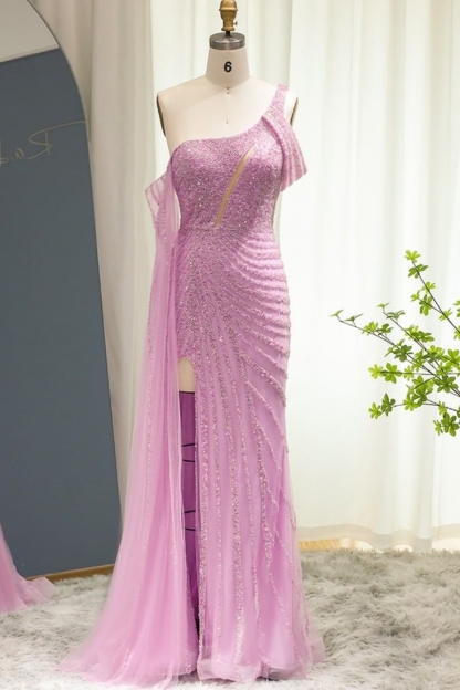 Bmbridal Split Front A-Line Lilac One Shoulder Floor-Length Prom Dresses with Ruffles
