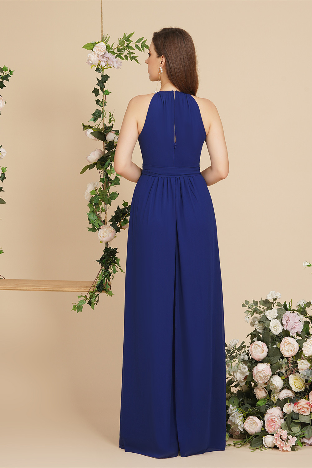 Bmbridal Navy Blue Halter Chiffon Evening Dress Sleeveless