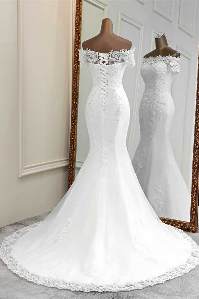 BMbridal Gorgeous Off-the-Shoulder Lace Mermaid Wedding Dresses Short Sleeves Rhinestons Bridal Gowns-BMbridal
