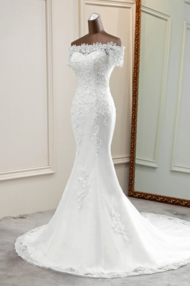 BMbridal Gorgeous Off-the-Shoulder Lace Mermaid Wedding Dresses Short Sleeves Rhinestons Bridal Gowns-BMbridal