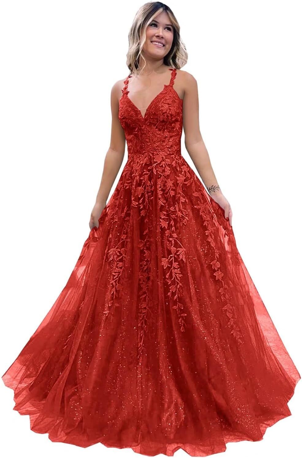 Tulle Lace Appliques Sparkly Prom Dresses A Line with Slit V Neck Formal Party Dress bmbridal