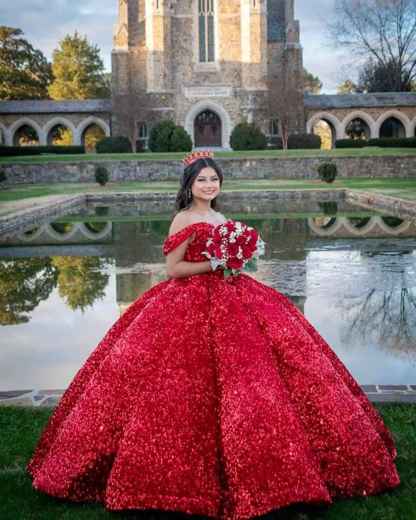 Sparkly Sequin Prom Dresses Long Ball Gown Off Shoulder Quinceanera Dresses Puffy Glitter Evening Party Dresses bmbridal